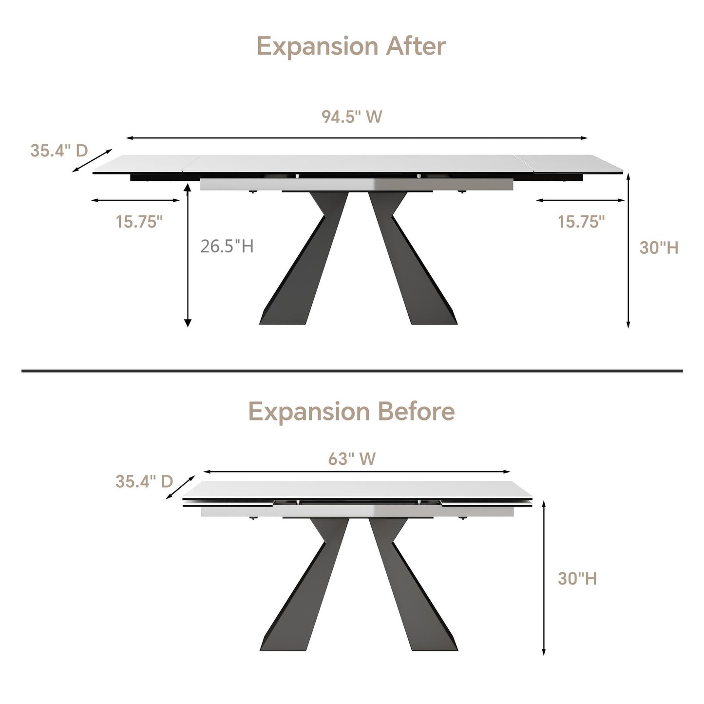 TimesGate Extendable Dining Table for 8-12 Seat, Flexible Stretch, Tabletop Made from Rock Plate and Tempered Glass, Solid Carbon Steel Base, 35.4" D x 94.5" W x 30" H, White Top
