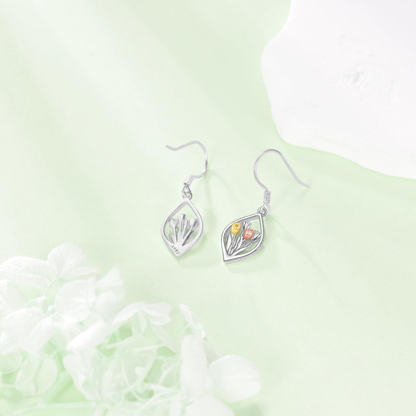 TIGER RIDER Tulip Earrings 925 Sterling Silver Flower Hook Drop Dangle Jewelry for Women