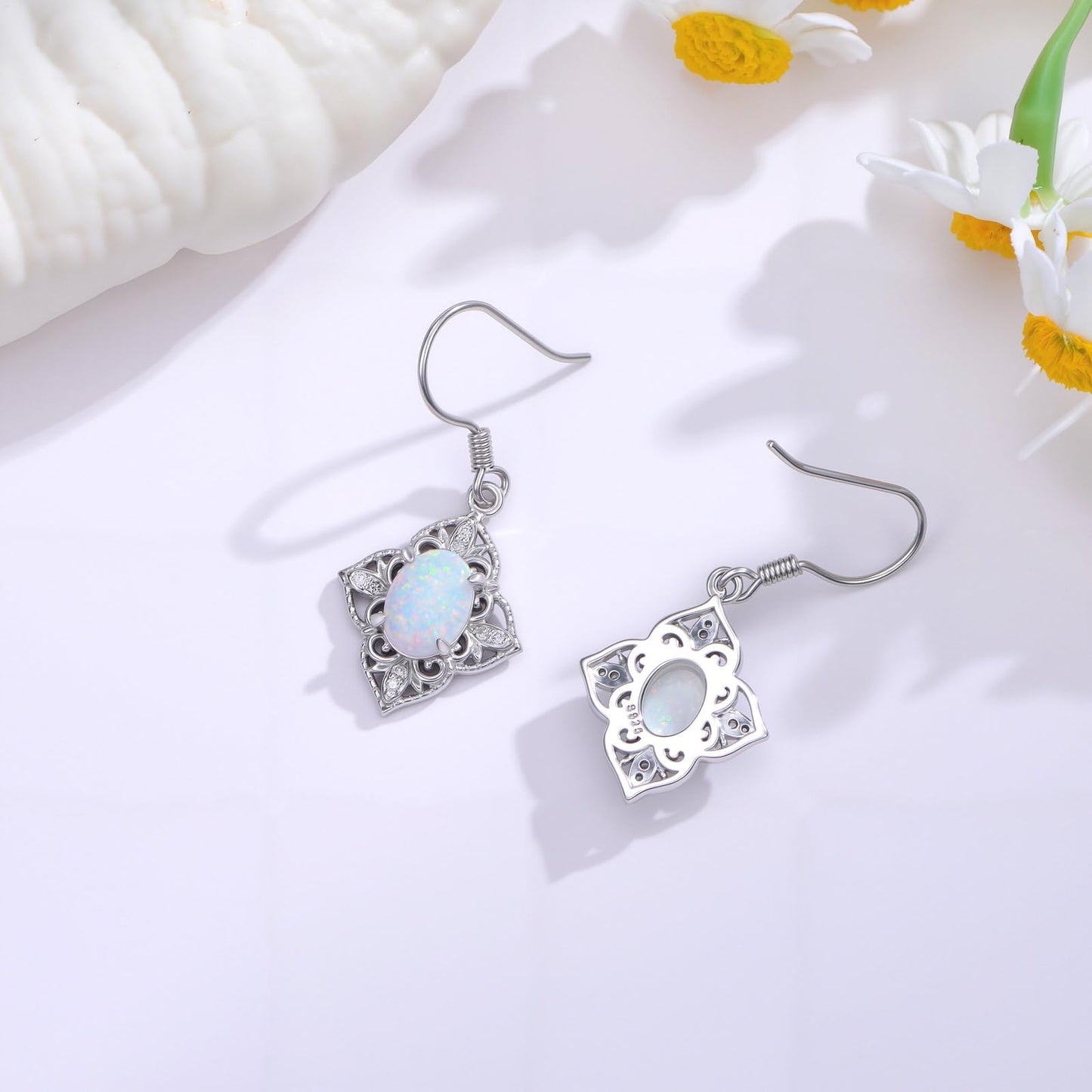 MOTIEL Vintage Opal Dangle Earrings for Women 925 Sterling Silver Genuine Opal Dangle Drop Earrings with Diamond October Birthstone Jewelry Gift for Mother Wife - Style A
