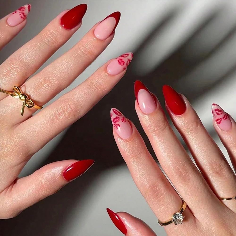 FJSMTOPl Valentine's Day Press on Nails - Red Fake Nails - Almond False Nails Press ons - Lips Acrylic Glue on Nails - Artificial Stick on Nail for Women Manicure 24 Pcs