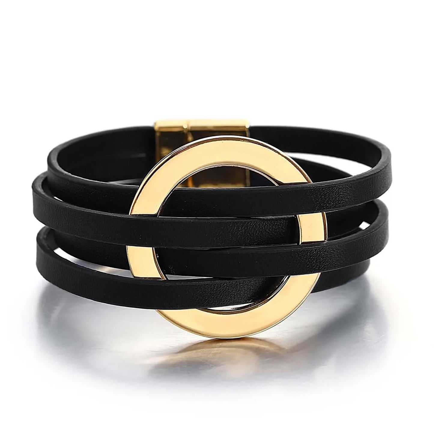 Leopard Bracelet for Women, Boho Leather Wrap Multi-Layer Pearl Crystal Bracelet Bangle Jewelry(Leather Circle(Black))