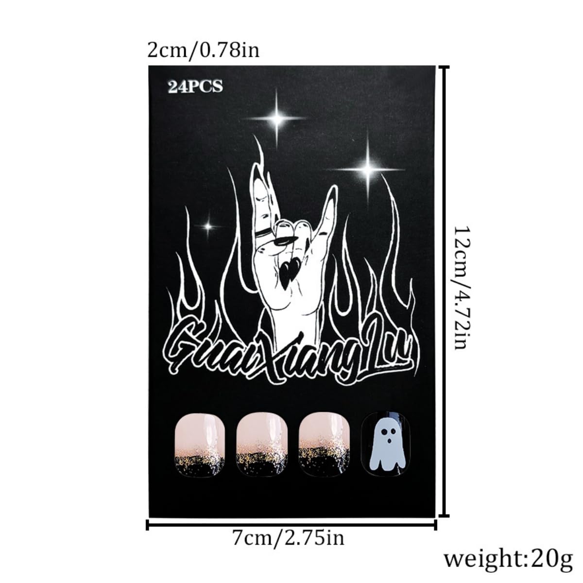 Halloween Press on Nails Short Square Fake Nails Pumpkin Ghost Skeleton Desige Stick on Nails Gold Glitter False Nails Gradient Artificial Handmade Acrylic Glue on Nail for Women Manicure 24Pcs
