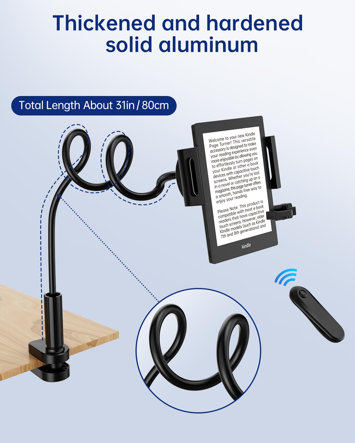 Kindle Holder with Remote Page Turner, Kindle Stand for Bed Reading, No Text Blocked 6mm Clip, No Margin Adjustments, Whisper-Quiet Page Turns, Fits 4.7-10" Devices (Paperwhite/Oasis, iPad/iPhone)