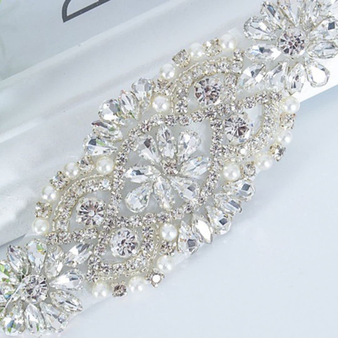 ShiDianYi Rhinestone and Pearl Beaded Applique for Bridal sash, Wedding Headband Wedding Belst Bridal Sash Silver Rhinestone Applique