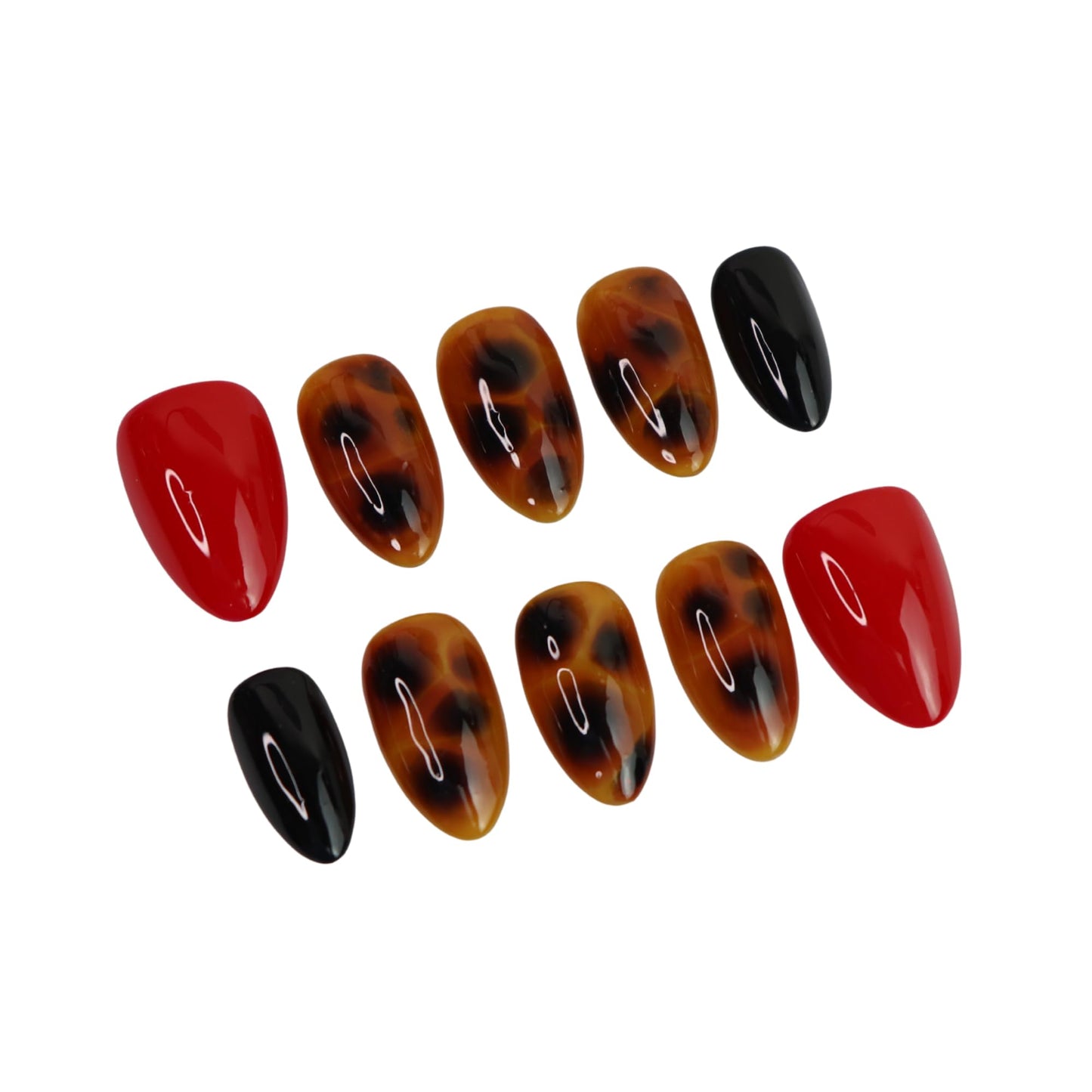 Tortoise Luxe Press-On Nails Short Almond | Handmade Tortoiseshell Red and Black Nails | Reusable False Nails | Elegant Custom Nail Set (Tortoise Shell Red and Black, S Short Almond)