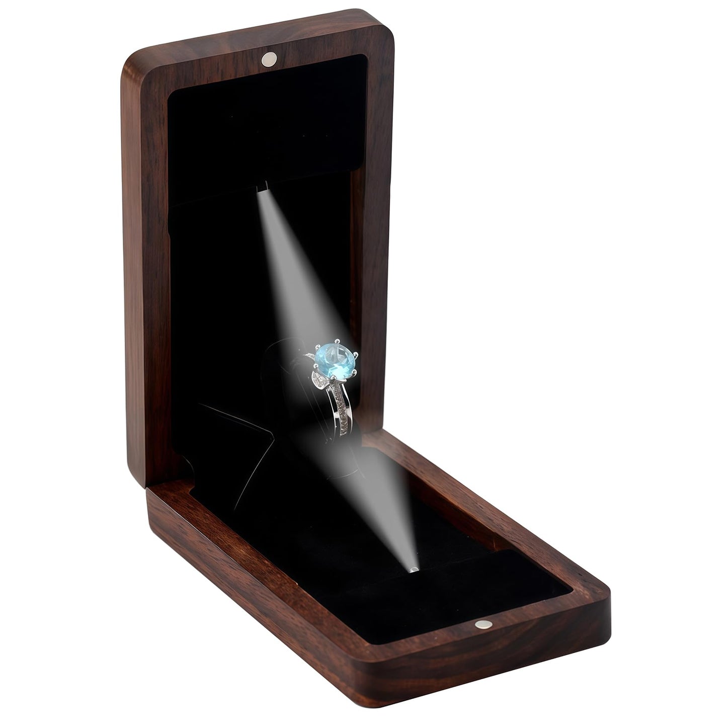 Yookin Wooden Engagement Ring Box For Proposal Valentine's Day Jewelry Gift Box Wood Rotating Wedding Day Ring Box With Led Light Gift Packaging(Black Walnut)