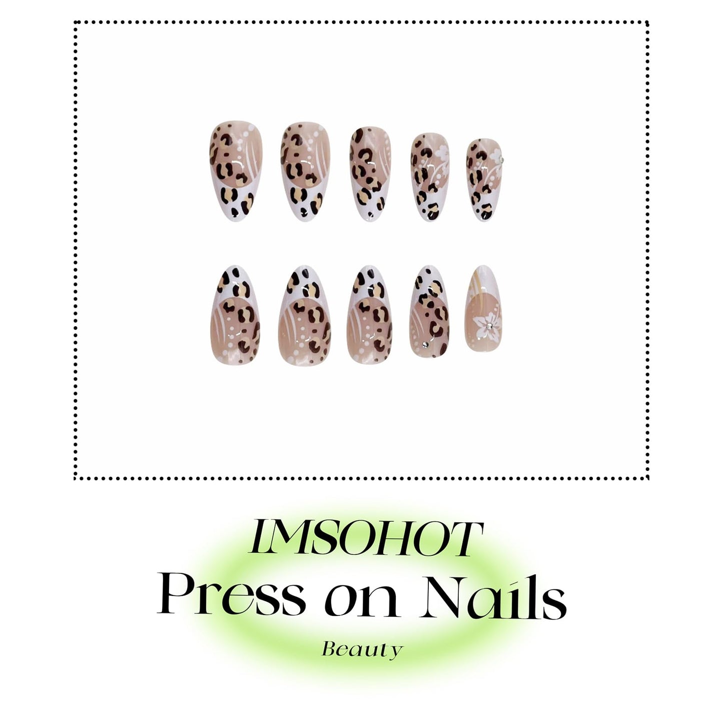 IMSOHOT Press on Nails Almond Medium Fake Nails White French Tips False Nails with Leopard Print Design Flower Acrylic Nail Supplies Glossy Full Cover Glue on Nails for Women 24Pcs