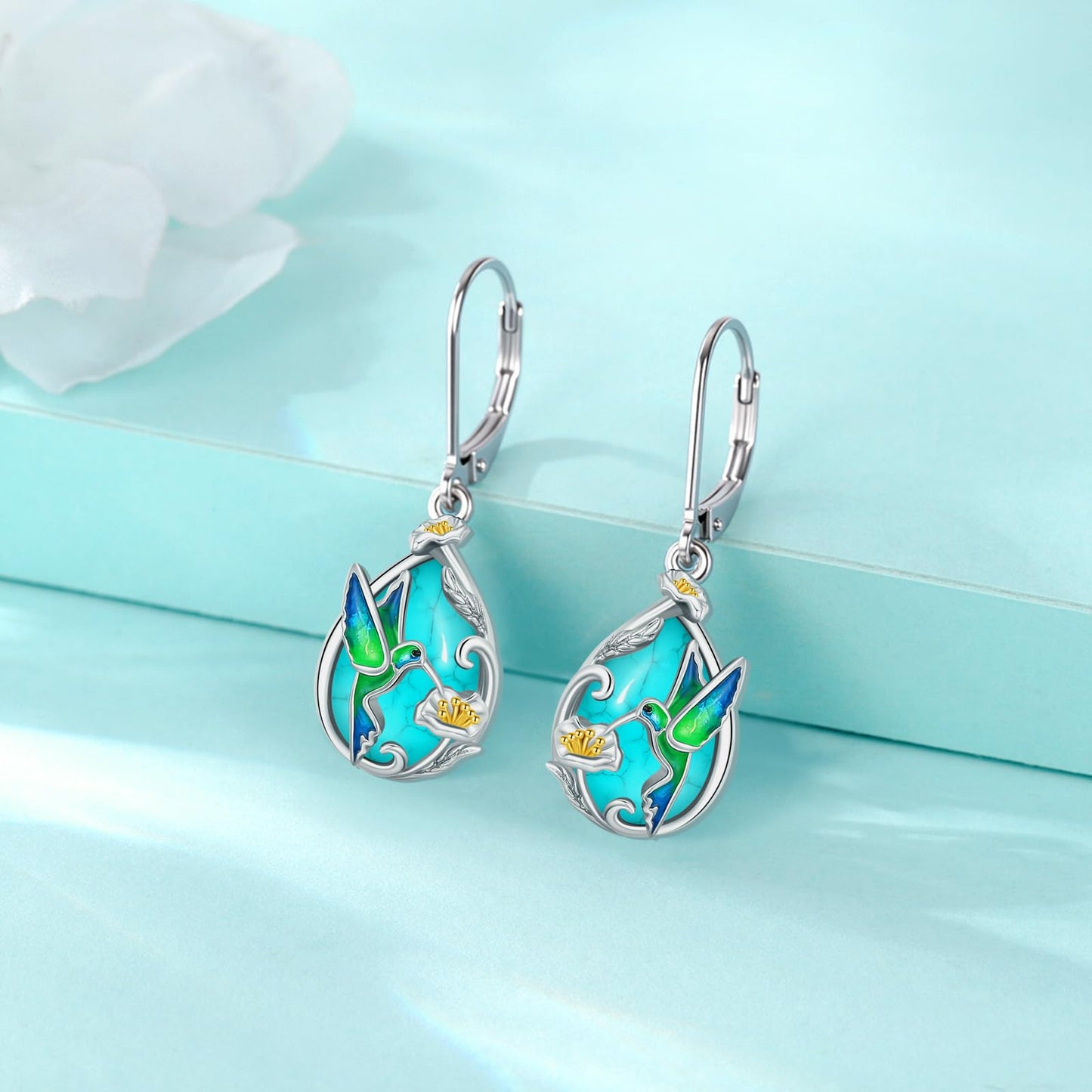 Eusense Turquoise Earrings Sterling Silver Hummingbird Earrings for Women Teardrop Drop Elegant Nature-Inspired Hummingbird Jewelry Gift