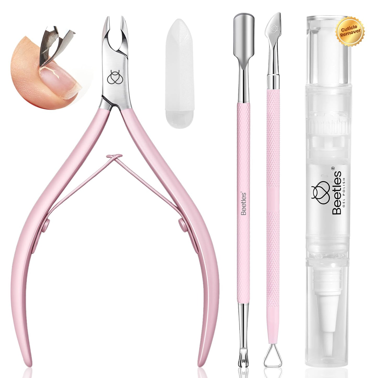 Beetles Manicure Kit for Women with Cuticle Remover, 3 PCS Pink Mani & Nail Art Brushes 8pcs – Crystal Nail Art Tools 5pcs Double-headed Nail