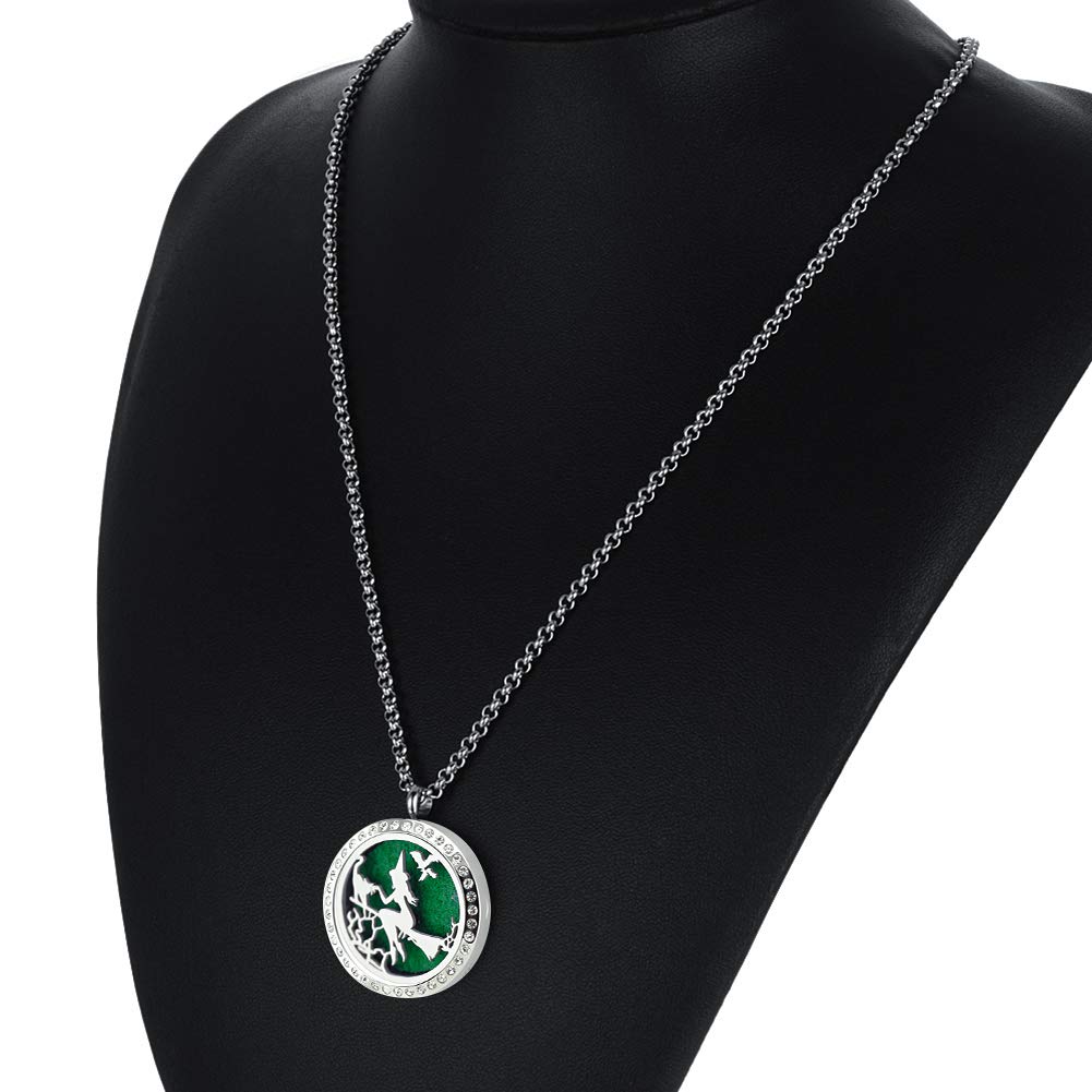 Popeoiuh Essential Oil Diffuser Necklace for Birthday Christmas- Aromatherapy Crystal Jewelry Stainless Steel Halloween Magic Witch Locket Pendant with 24'' Chain 8 Washable Refill Pads Gift