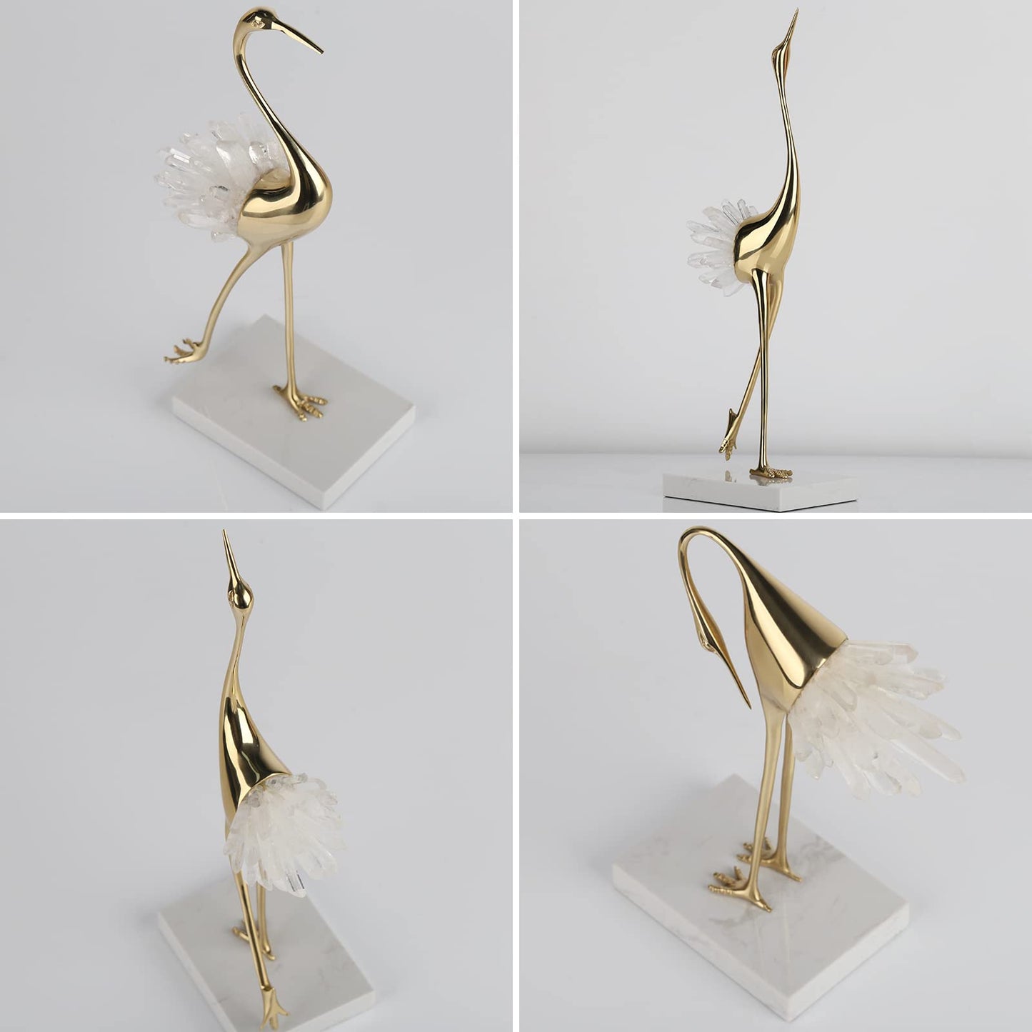 suruim Elegant Gold Crane Bird Statues with Crystal Tail Accents, Decorative Brass Figurines for Home Decor (White B)