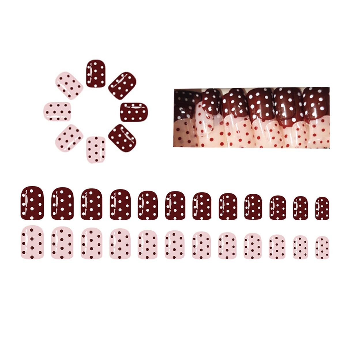 Square Press on Nails Short Pink Deep Coffee Glossy Fake Nails with Spot Design Full Cover Winter Stick on False Nails for Women 24 Pcs
