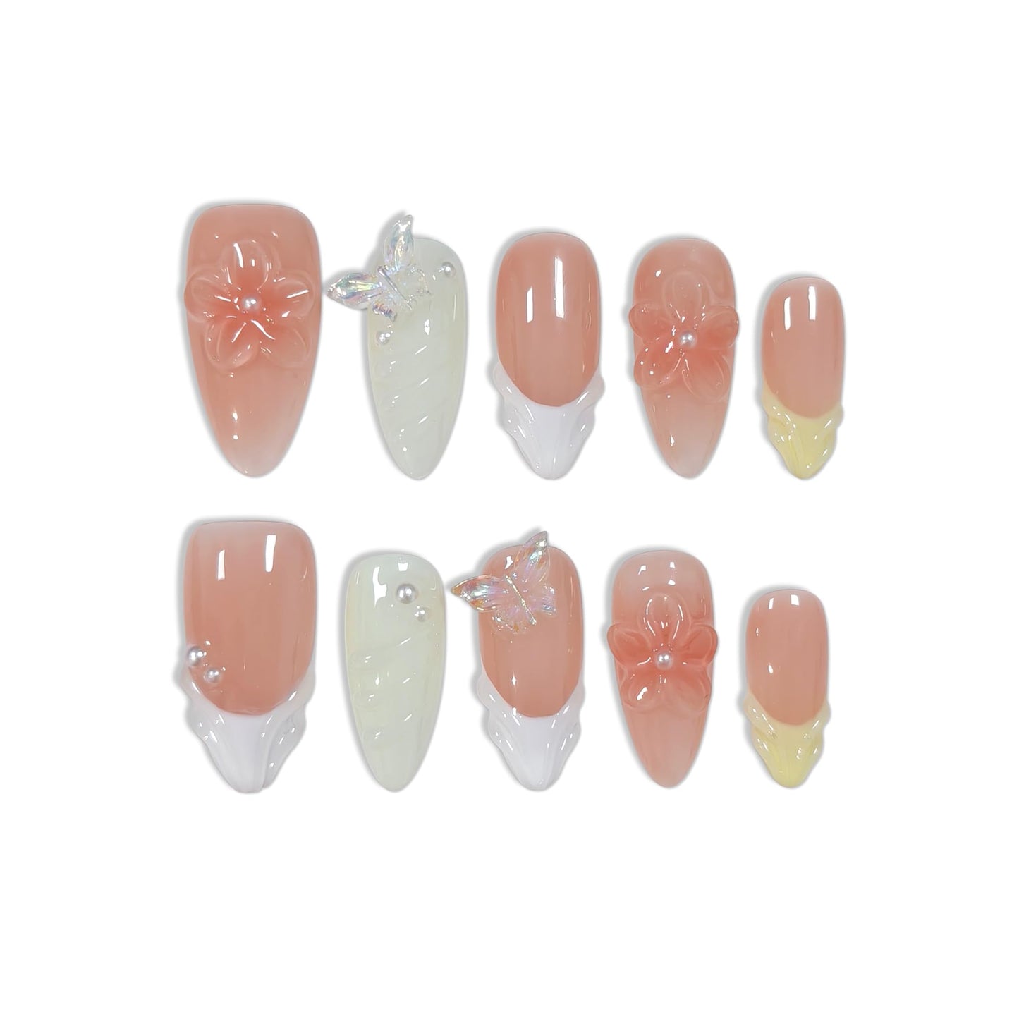 TENPAL Handmade Warm Yellow Blush French Tips Press on Nails Medium Almond with 3D Butterfly & Wave,Handmade & Reusable, Sheer Flattering False Nails for Everyday Summer Wear(M)