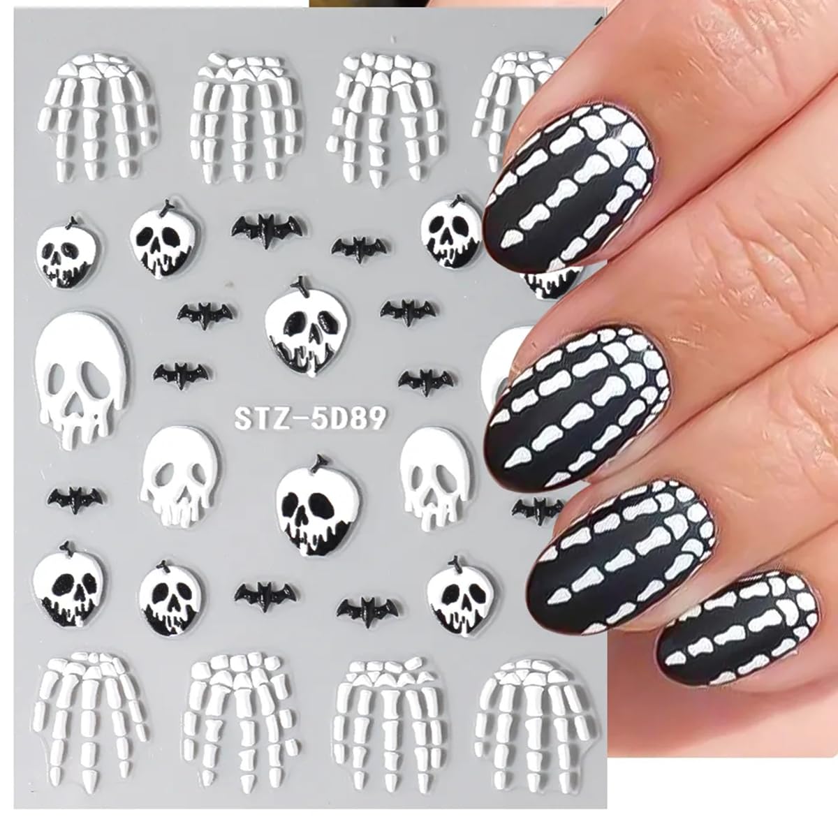 8 Sheets 5D Halloween Nail Stickers Horror Gothic Nail Decals Punk Nail Supplies Embossed Skull Clown Evil Eyes Lip Wing Bone Ghost Spider Web Halloween for Nail Art Stickers Women DIY Nail Decor