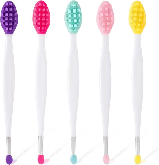 5pcs Lip Scrub Brush, Silicone Lip Exfoliator Brushes Scrubber Tool, Double-Sided Lip Cleaning Exfoliating Remove Dead Skin Tool for Men Women Dark Lips- Pink & Yellow & Blue & Purple & Red