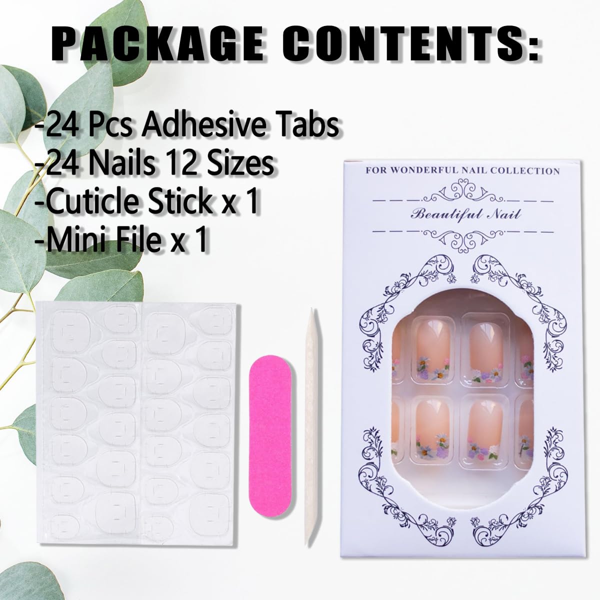 French Tip Press on Nails Short Square Spring Flower Fake Nails with Glue Nude Glossy Acrylic Nails Floral Stick on Nails Full Cover False Nails for Women Manicure 24PCS Reusable Artificial Nails