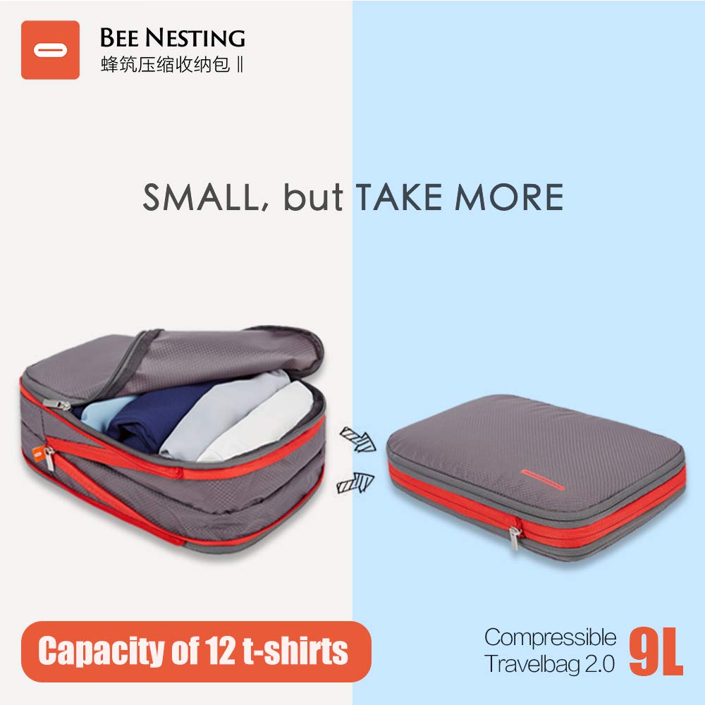 BeeNesting Compression Packing Cubes for travel carry on WaterProof Double Sided Small compressable packing bags 9L/GrayRed