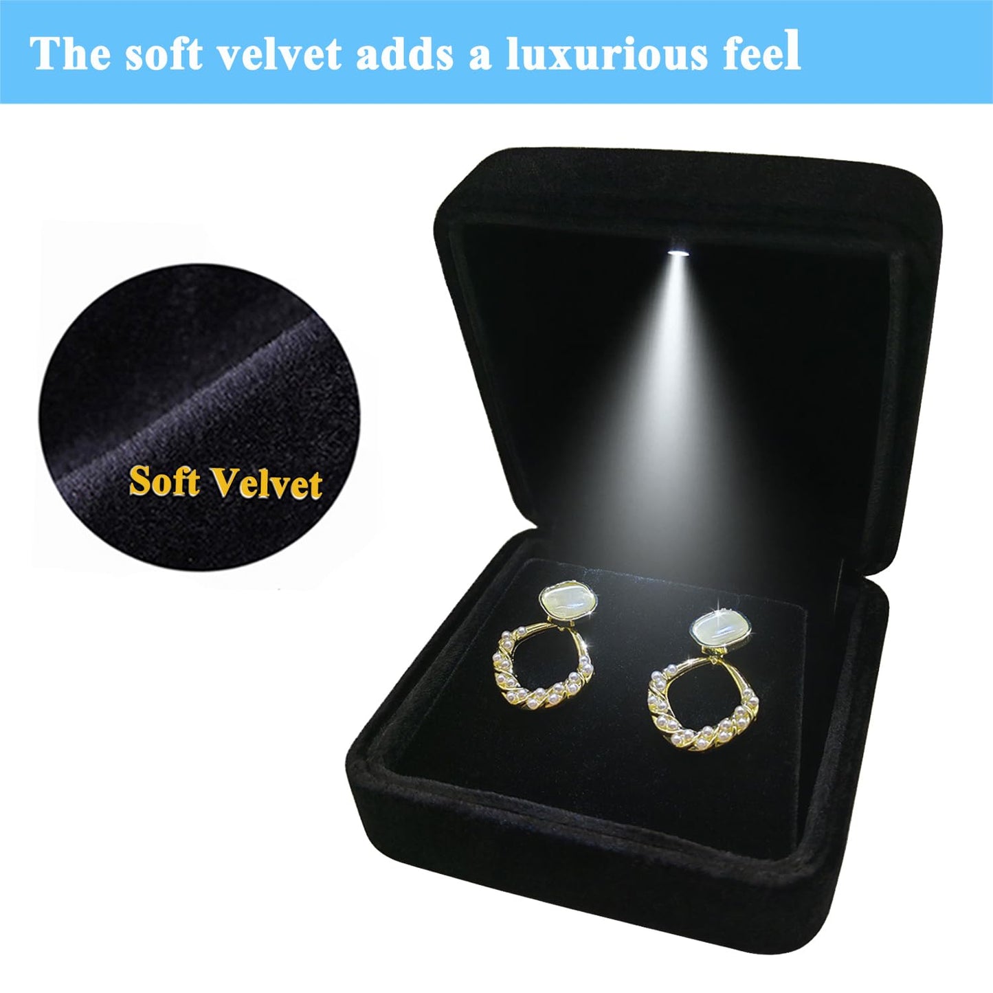 GBYAN Velvet Earring Box with LED Light, Stud Earring Gift Box Jewelry Display Case for Proposal,Engagement, Wedding and Birthday,Black