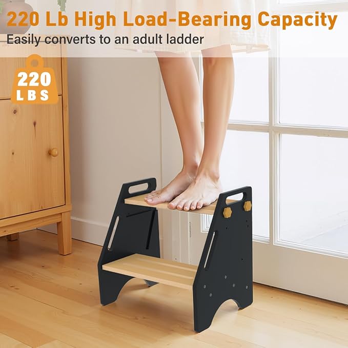 Toddler Step Stool, Wooden Height-Adjustable 2 Step Stool for Kids, 2 in 1 Potty Training Stool with Safety Handles Non-Slip Pads for Bathroom Sink, Kitchen, Bedroom (Grey)