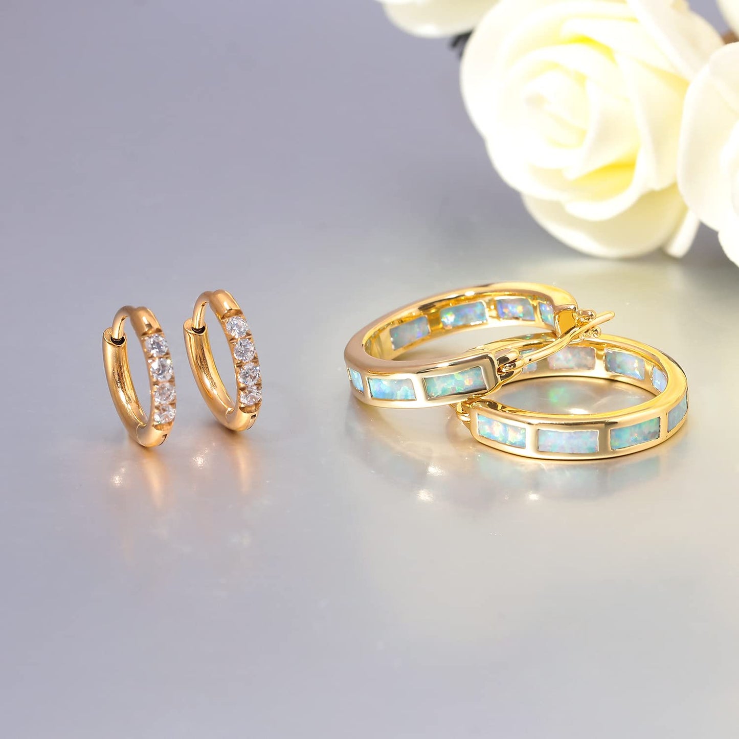 CiNily 2 Pairs Hoop Earring Set for Women Yellow Plated Opal Small Hoop Earring Hypoallergenic Cubic Zirconia Tiny Earrings