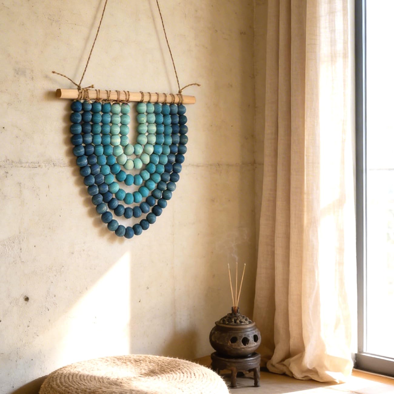 Boho Wooden Bead Garland Wall Hanging Tapestry Ombre Blue Gradient Handmade Wood Beaded Macrame Wall Art Natural Theme Wall Decor for Living Room Bedroom Nursery Dorm Coastal Home Office Decoration