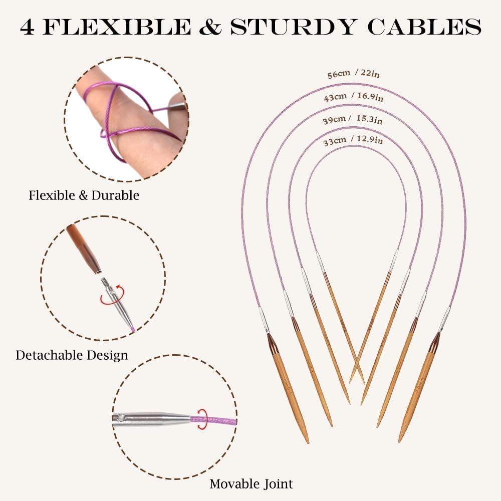 Yarniss Bamboo Circular Knitting Needle with Case,13 Pair Interchangeable Knitting Needles with Flexible Cables 3.5mm~10.0mm, 4-Inch Round Knitting Needle US Size 2.5~15