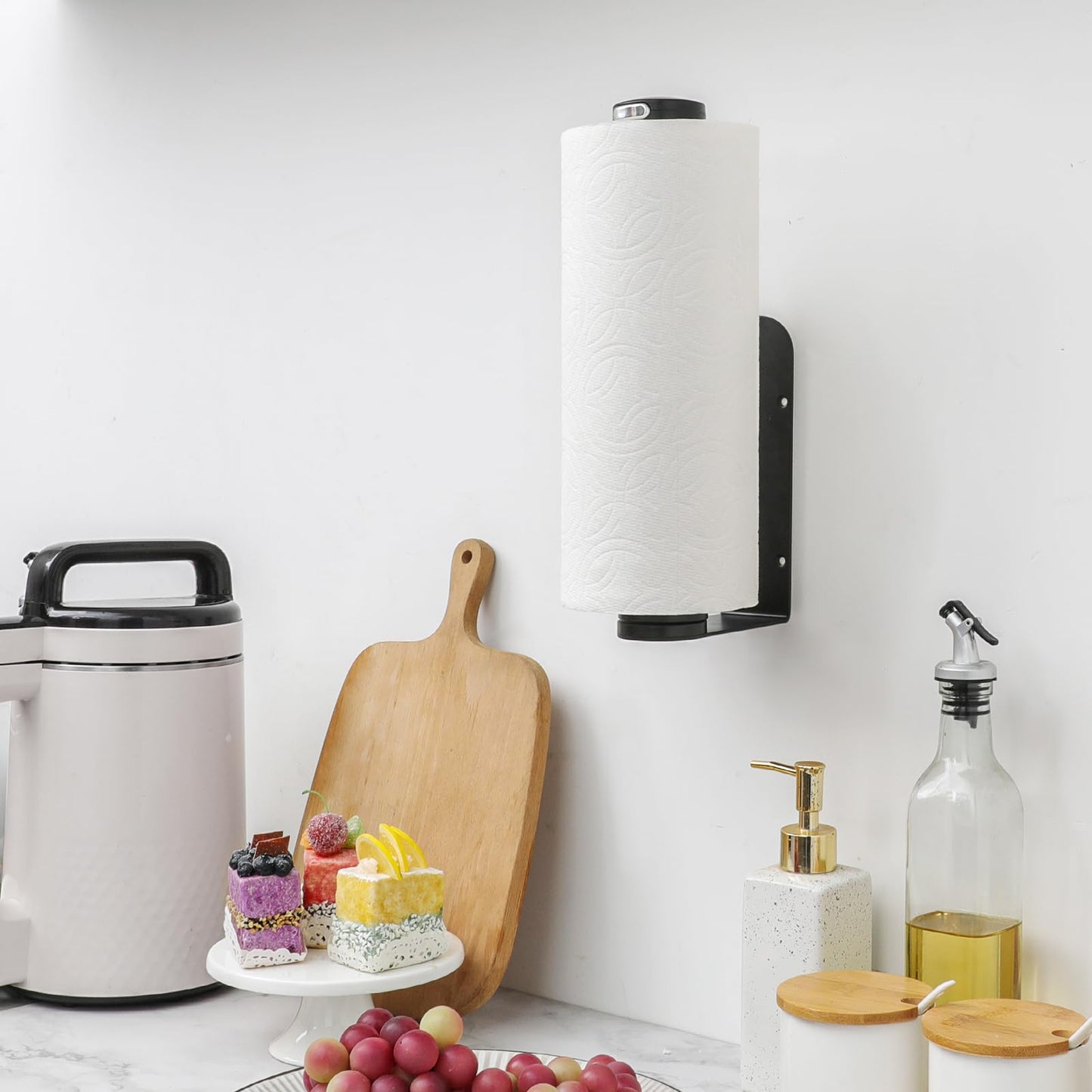 theaoo Under Cabinet Paper Towel Holder for Kitchen, Easy One-Handed Tear, Quick Release Knob for Easy Roll Loading, Wall-Mounted Dispenser, Self-Adhesive or Drill Mounting, Black Stainless Steel