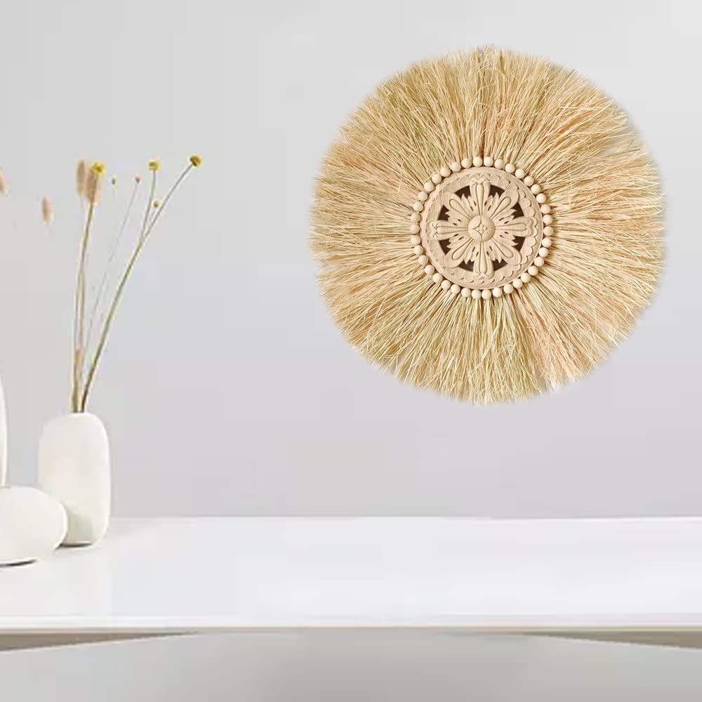 Hlsicnalm Boho Handmade Woven Straw Wall Decor Moroccan Wood Beads Wall Hanging Ornament Round Home Decoration for Living Room D
