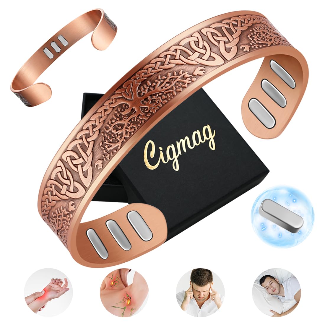 Cigmag Copper Magnetic Bracelet for Men, with Powerful 9X 5000 Gauss Magnets, Adjustable Solid Pure Copper (Enhanced Tree of Life)