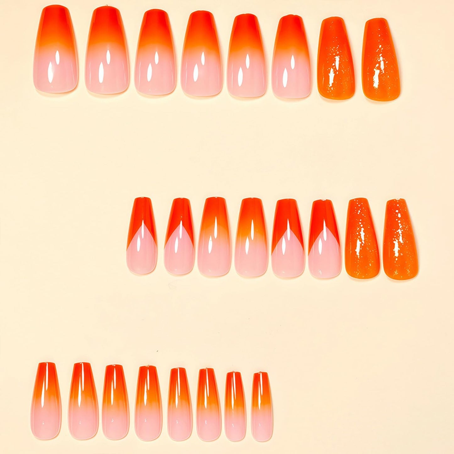 SINHOT Coffin Press on Nails - Long Fake Nails, Glossy Finish, Orange Gradient & Glitter, Reusable Artificial False Nail Art - 24 Pcs Nail Kit with Glue