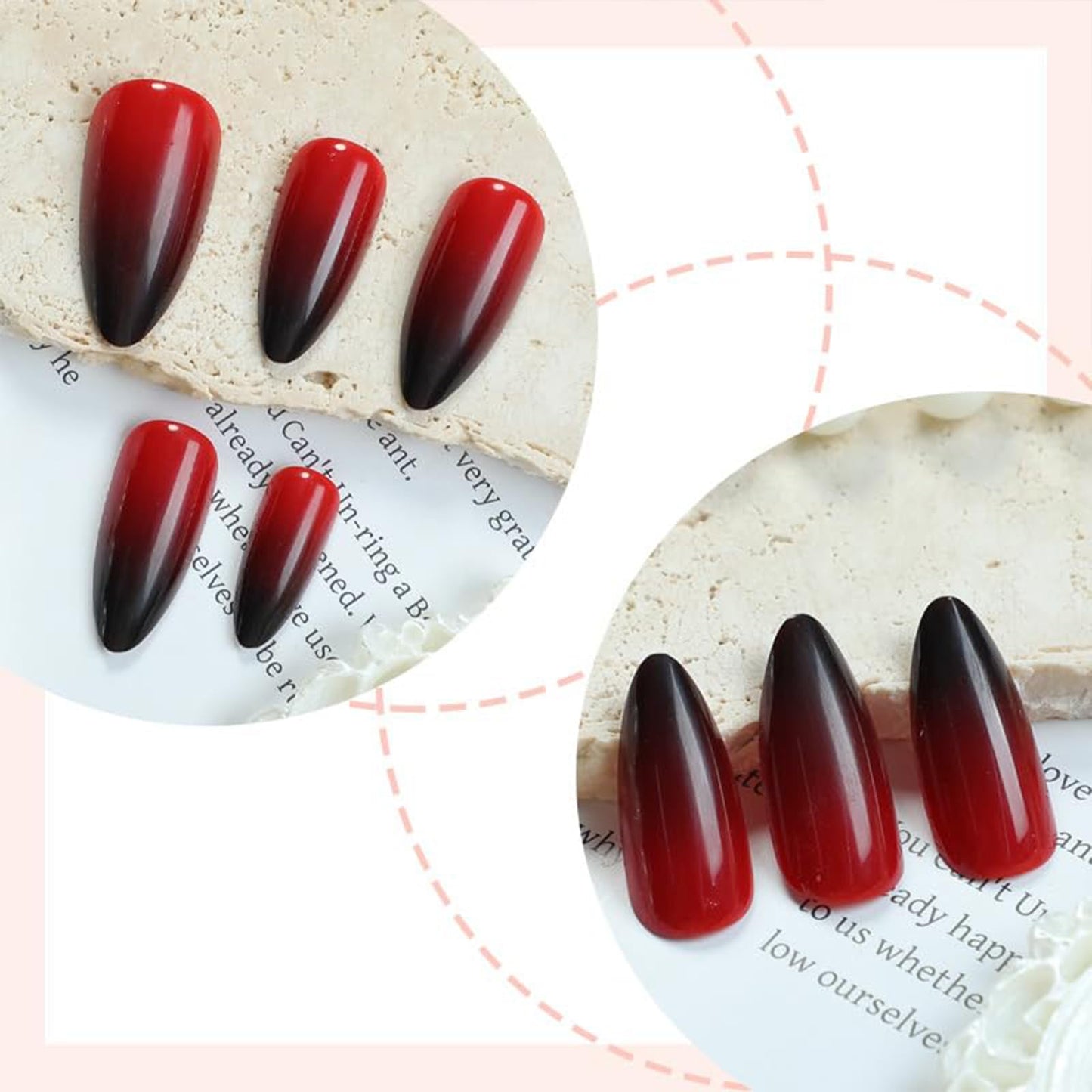 Red and Black Gradient Press on Nails Medium Almond Fake Nails Ombre Red Designs Full Cover Acrylic Glossy False Stick on Nails Classical for Women Girls Manicure Decoration 24 Pcs