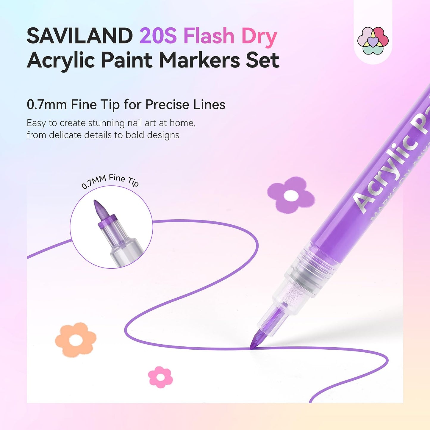 SAVILAND Nail Art Pens Set: 24 Colors Spring Summer 3D 0.7MM Quick Dry Nail Polish Pens for Nail Art Design Acrylic Paint Makers Drawing Point Liner Pen Dotting Tools Brush Home Salon DIY