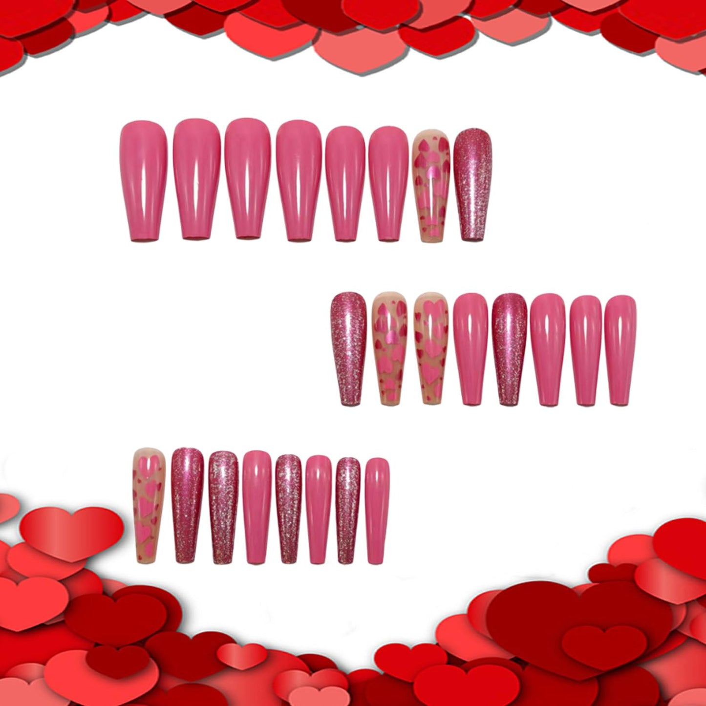 CJDLTS Valentines Press on Nails Medium Artificial Ballet Acrylic False Nails Love Glossy Stick on Nail Full Cover Glitter Artificial Fingernails Nude Pink Reusable Coffin for Women Festival Manicure