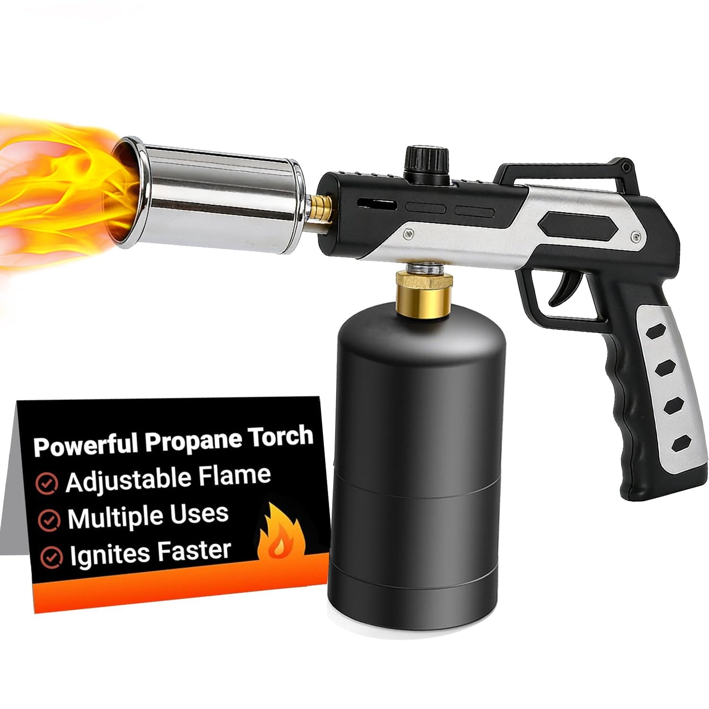 Rroetxi Powerful Propane Torch, Kitchen Cooking Torch, Culinary hand Torch Lighter, Adjustable flamethrower gun for Sous Vide Searing Steak, BBQ, Grill, Campfire Charcoal Starter