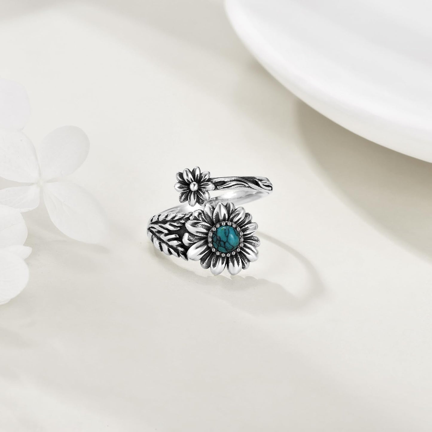 POPLYKE Sterling Silver Turquoise Daisy Spoon Ring Vintage Thumb Rings Boho Adjustable Open Ring Flower Jewelry Gifts for Women