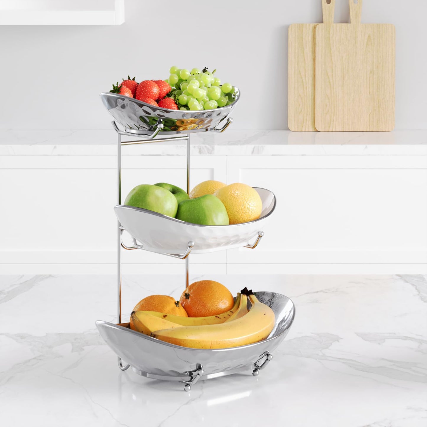 Acliys Fruit Bowl, 3 Tier Ceramic Fruit Basket, Serving Stand Serving Bowl with Metal Rack, Porcelain Kitchen Bowls for Fruit and Vegetable Storage Snack Nuts Dessert Cake Tray for Party Wedding