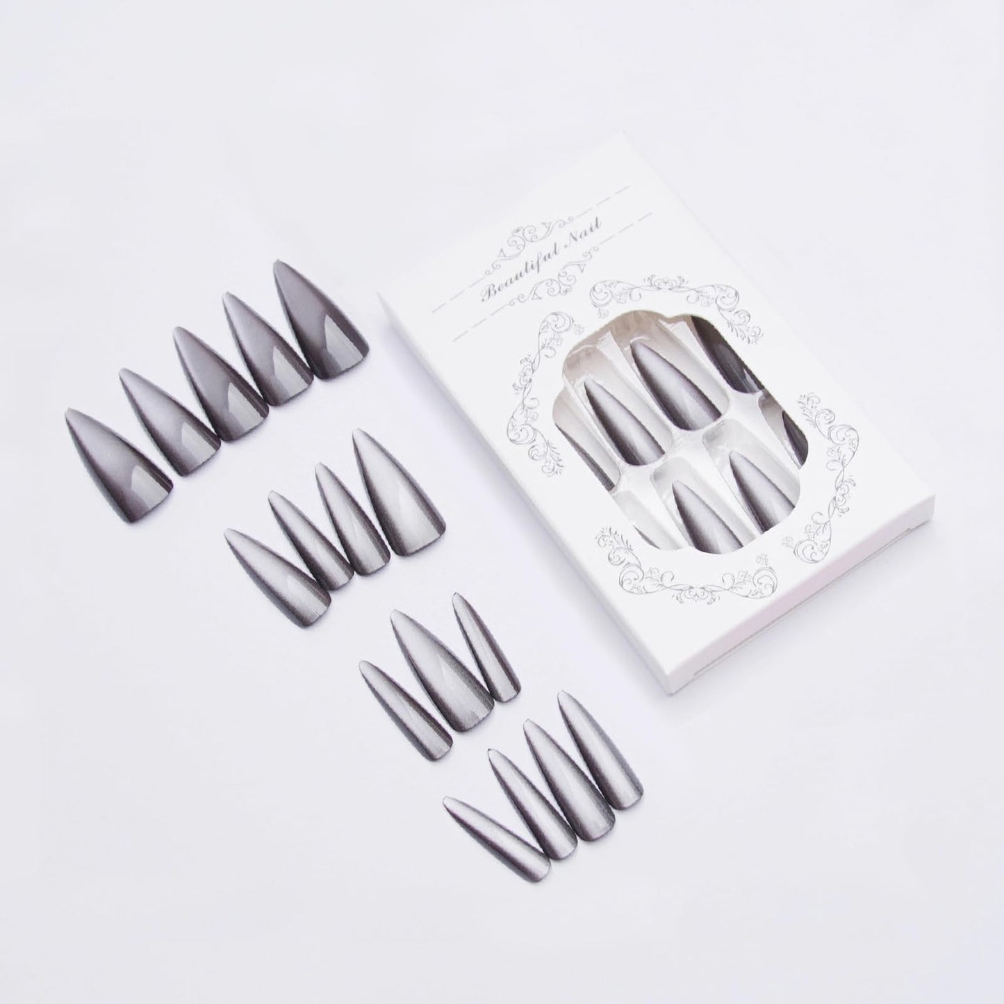 MISUD Press on Nails - Long Stiletto Fake Nails with Goth Black, Acrylic Gothic Cat Eye Design 24 pcs