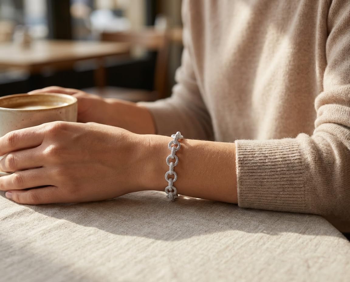 Bling Jewelry Fashion Chunky Oval Link Chain Statement Bracelet Matte Texture Silver Toggle Clasp Closure