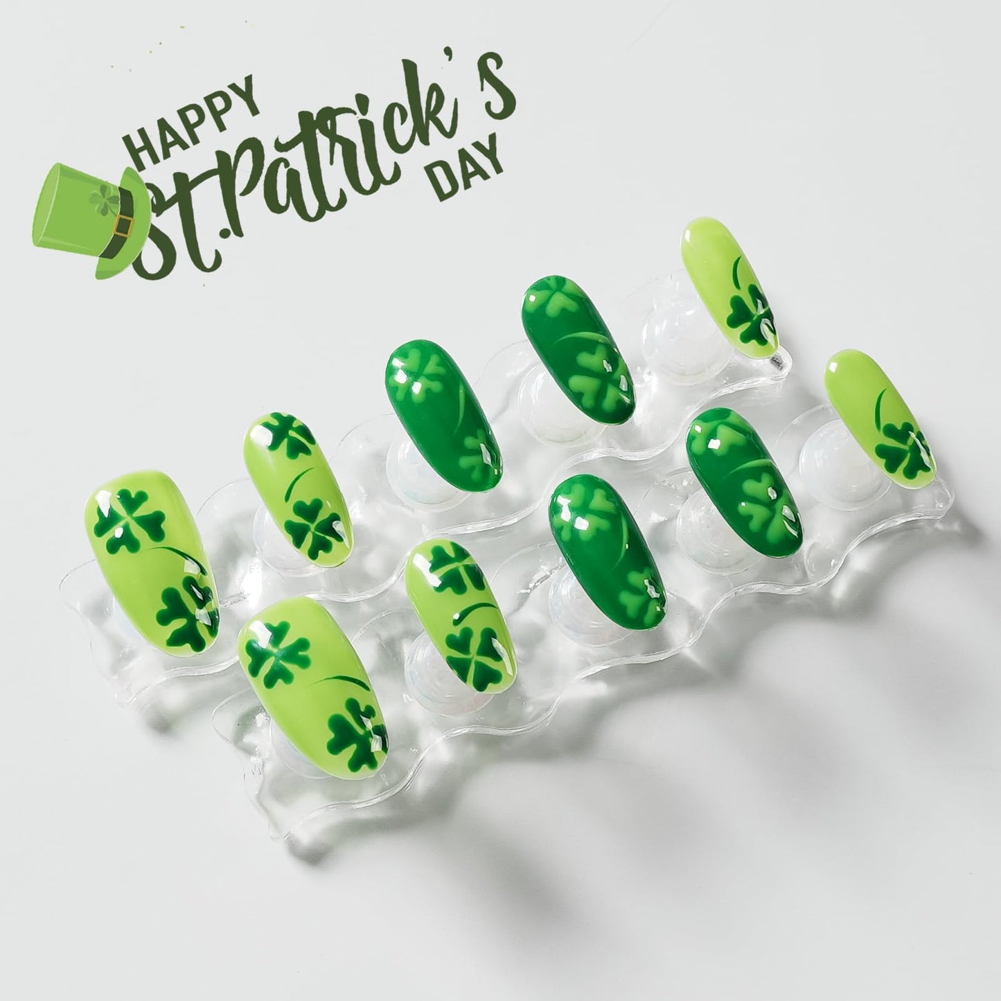 Tesytto Medium Oval Press On Nails, Hand-Painted Green Four-Leaf Clover Design, Glossy Reusable Acrylic Full Cover Nails (Size L)