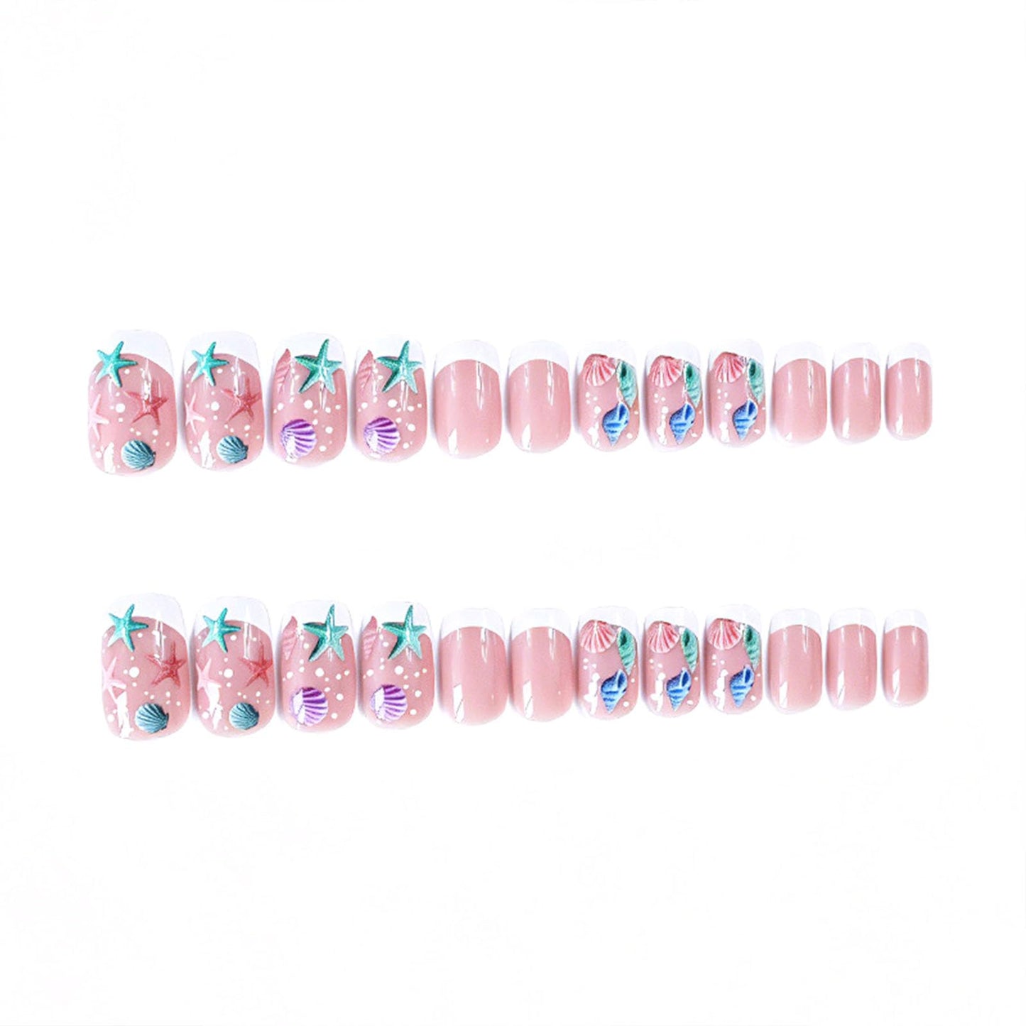 Summer Press on Nails Medium Square Fake Nails with Starfish Shell Dot Designs Glossy Nails Press ons White French Tip Glue on Nails Acrylic Artificial Stick on Nails for Women 24Pcs