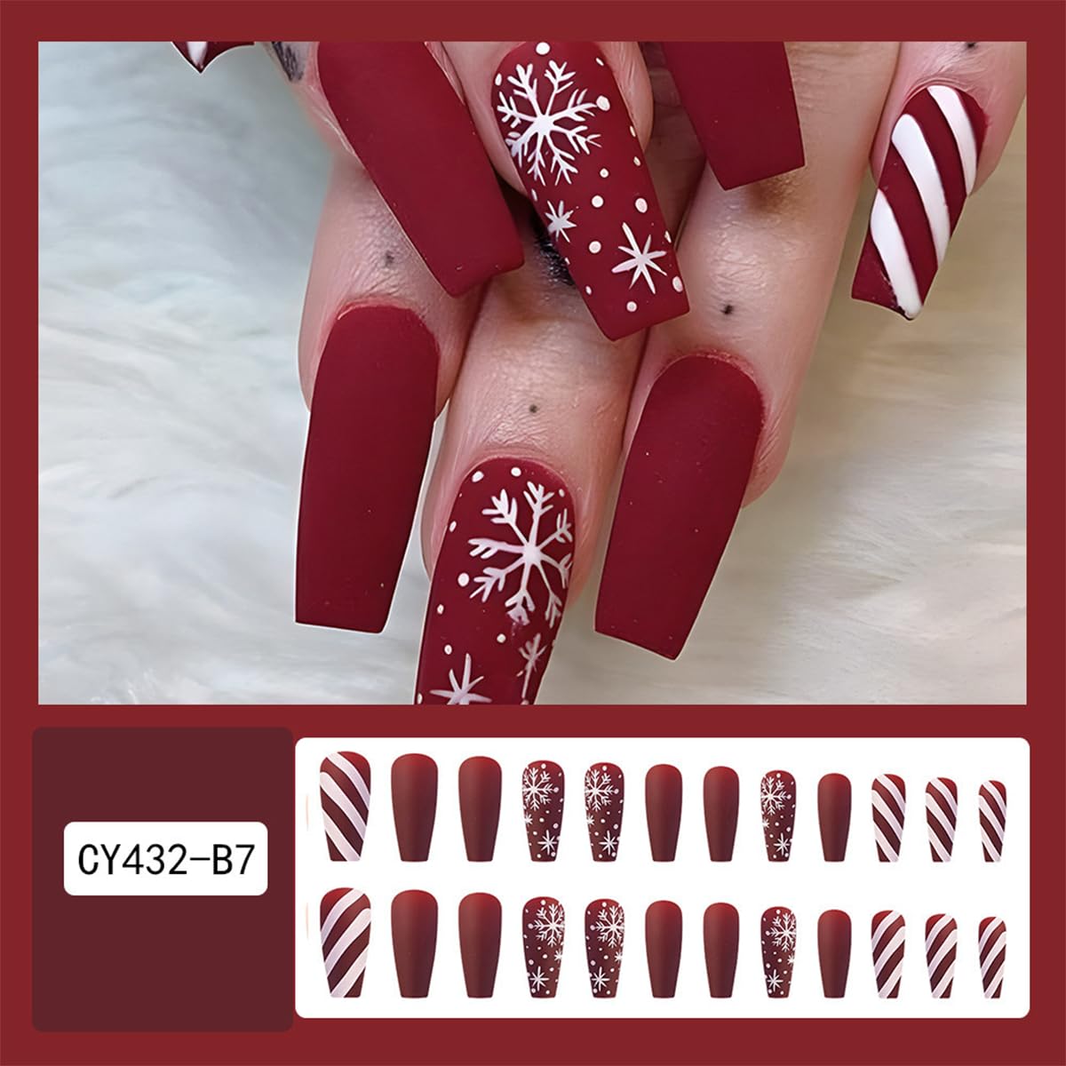 Christmas Press on Long Coffin False Nails Red Matte with Design Snowflake White Stripe Glue on Full Cover Winter Xmas Acrylic Stick on Nails for Women Manicure 24 Pcs