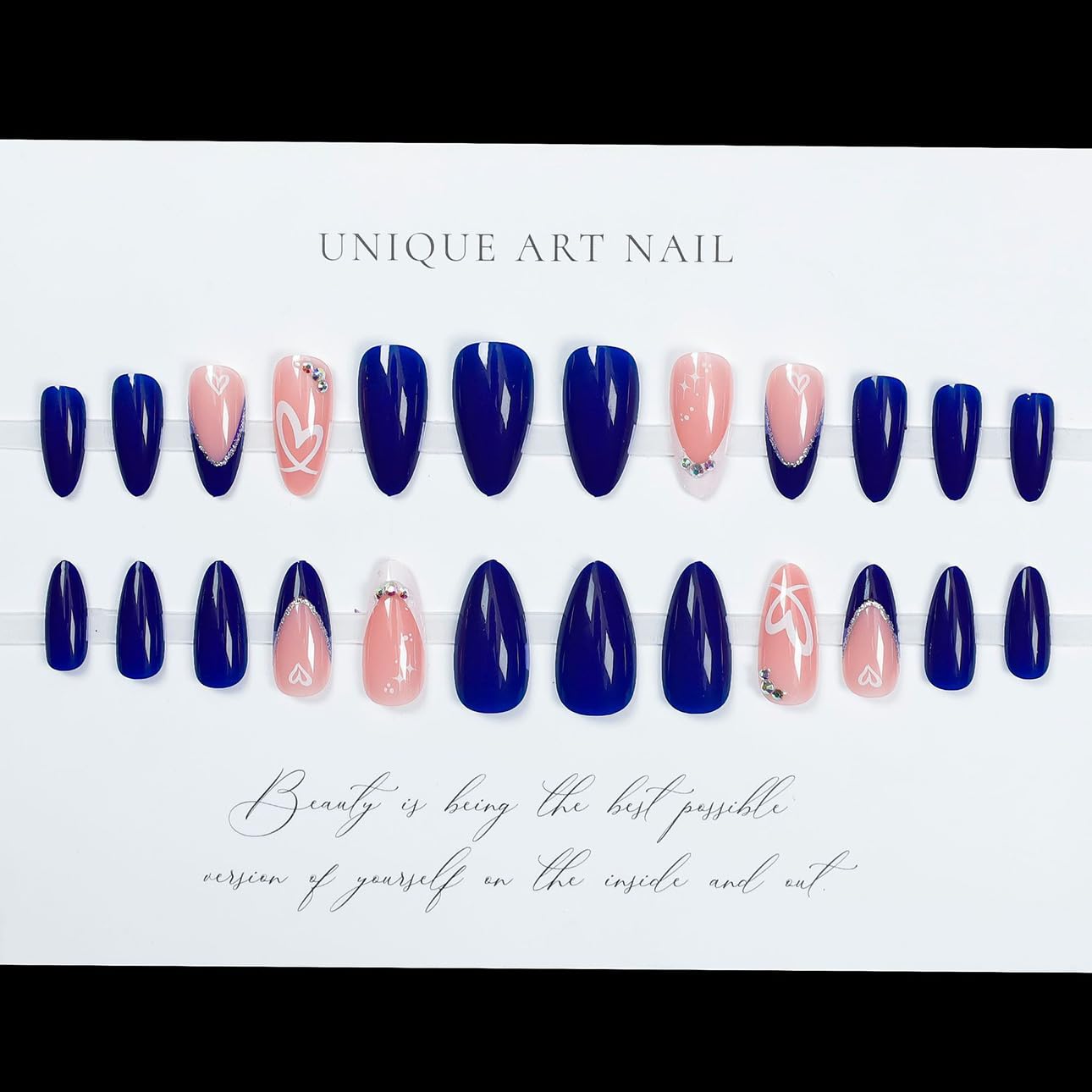 LPOODDNU Press on Nails Almond Medium - Blue French Tip Fake Nails with Heart&Diamond Designs, Glossy Finished Reusable False Nails with Double Adhesive Glue Tabs - 24Pcs Nail Kit for Women Manicure