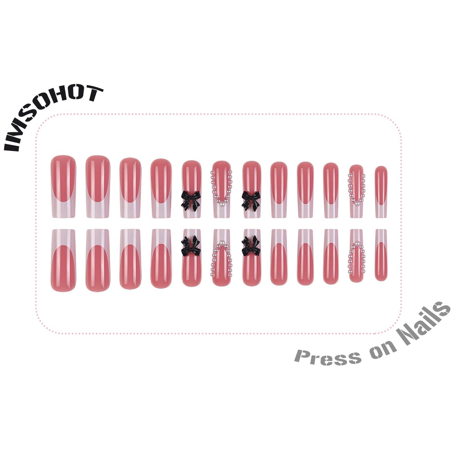 IMSOHOT Press on Nails Long Square Fake Nails White French Tip Glue on Nails with Black Bow Designs Glossy Acrylic Full Cover Stick on False Nails for Women Girls Manicure Decoration