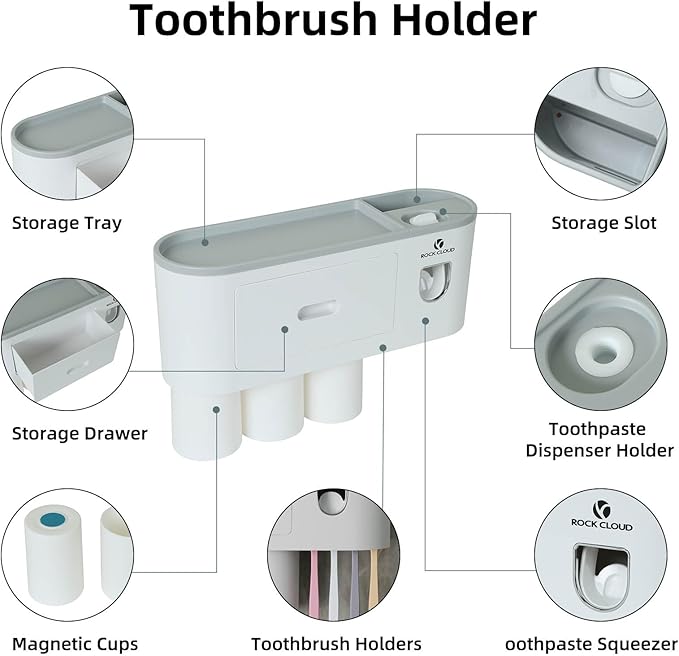 ROCK CLOUD Toothbrush Holder Wall Mounted Automatic Toothpaste Dispenser Squeezer Kit Saving Space, 4 Toothbrush Slots,2 Cups and Drawers for Bathroom