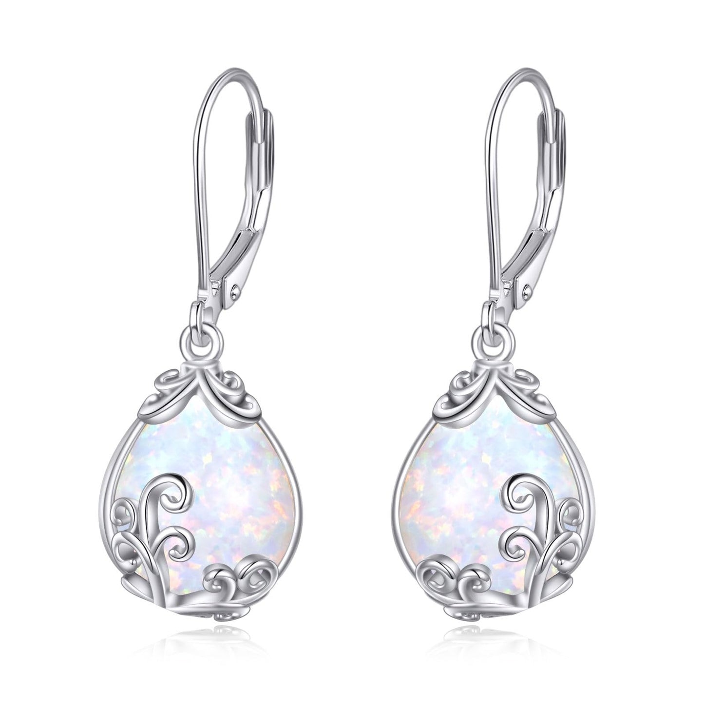 POPLYKE Opal Filigree Teardrop Drop Dangle Earrings Sterling Silver Leverback Earrings Opal Jewelry Gifts for Women