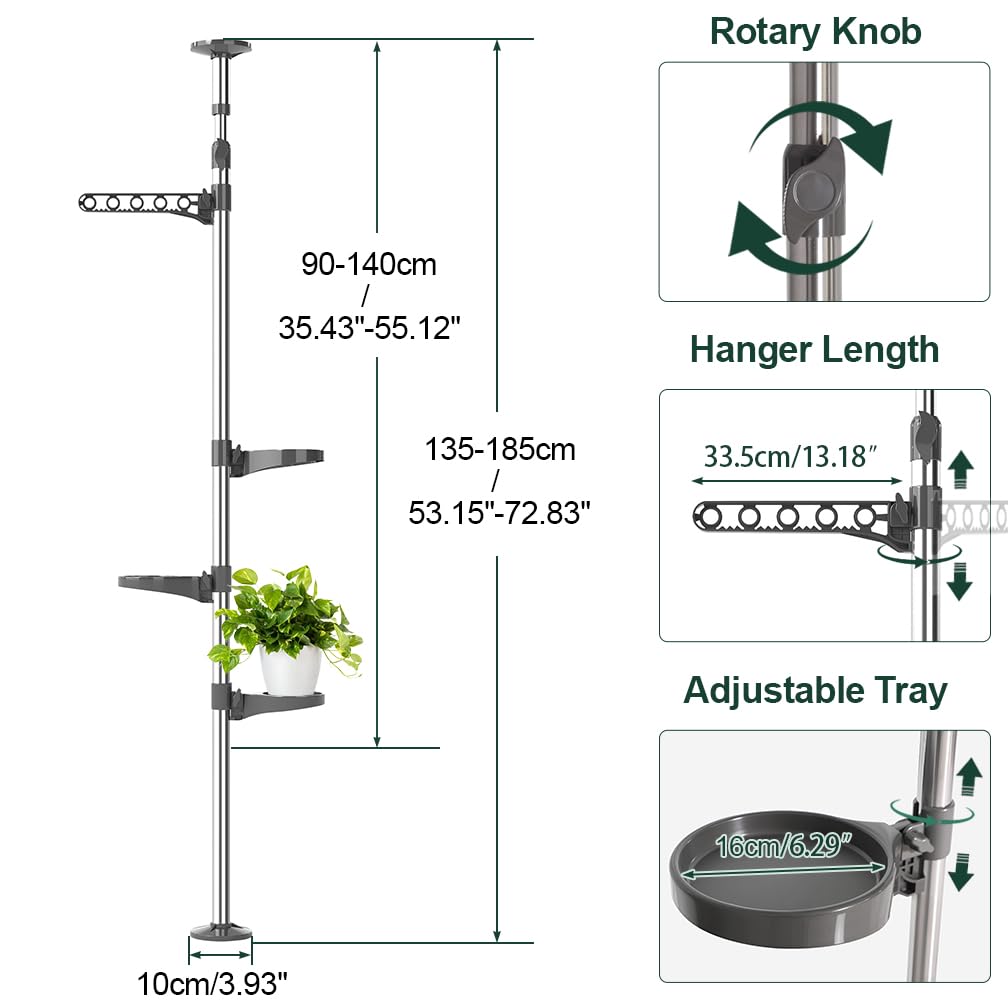 Hershii Indoor Plant Stand Pole Tension Rod Corner Standing Shelf Adjustable Flower Pots Holder Display Rack with 1 Hook & 3 Trays - Grey