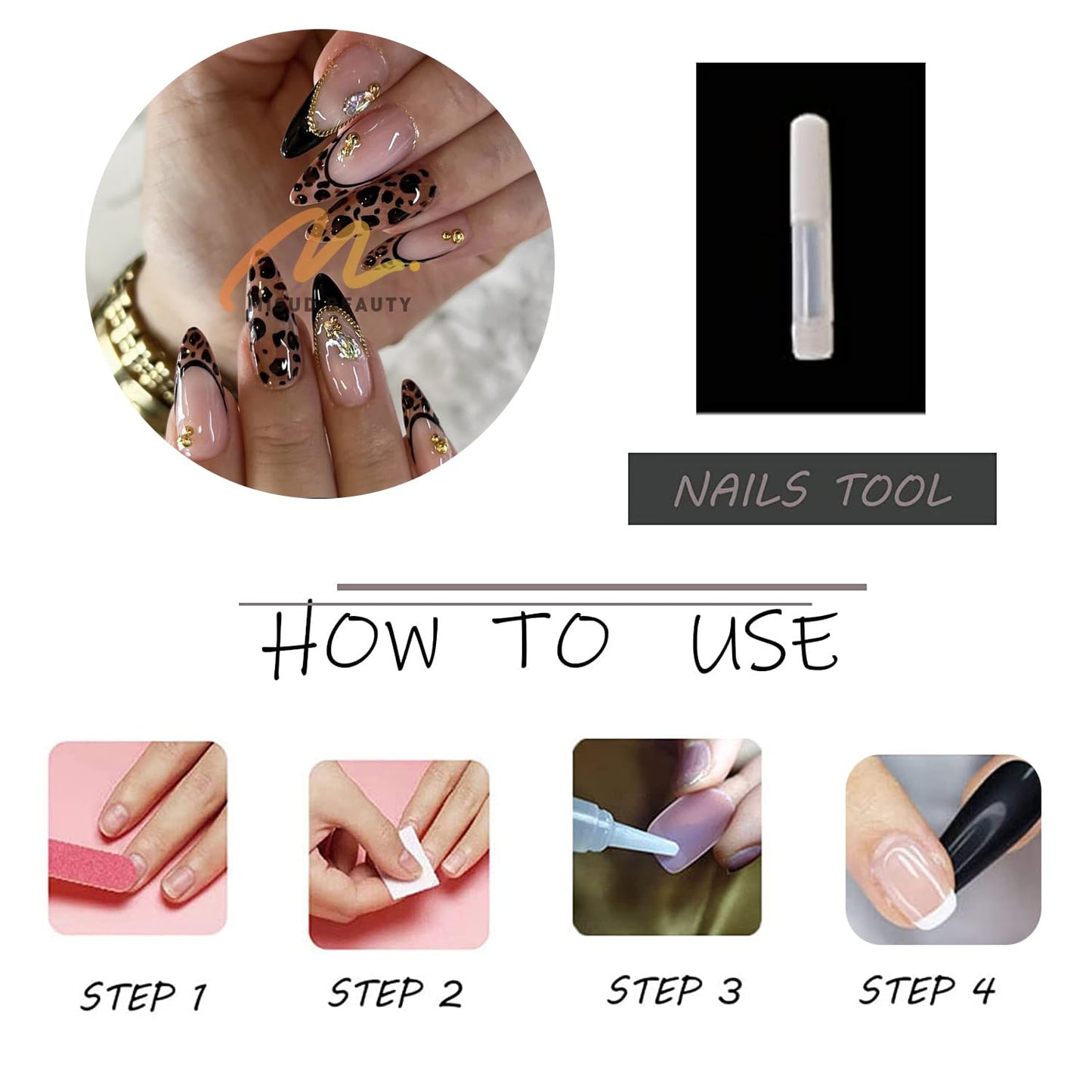 MISUD Press on Nails - Medium Almond Fake Nails with Fall Brown, Acrylic Cheetah French Tip Design 24 pcs