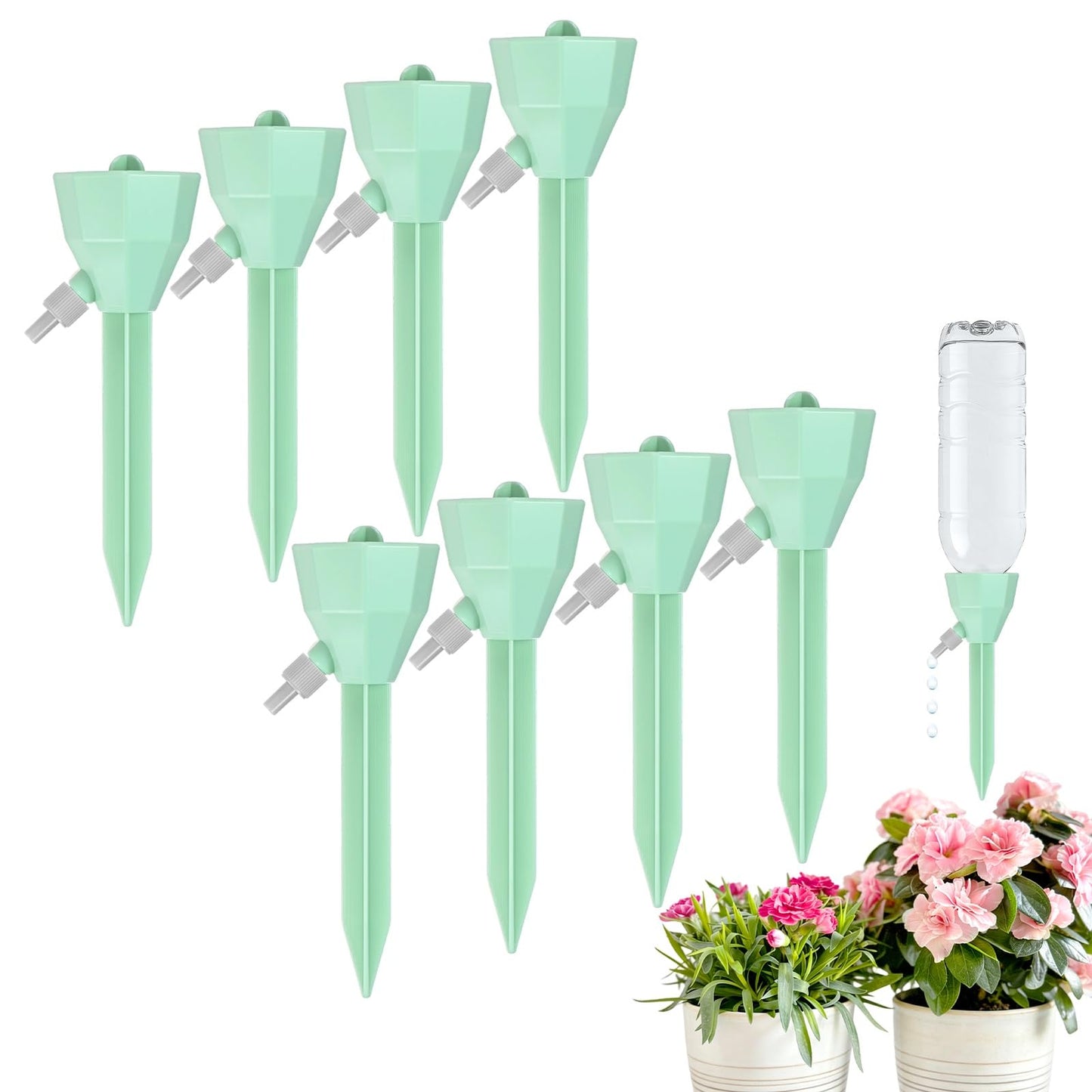 M METERXITY 8-Pack Self Watering Spikes for Plants, 5.3 Inch Plastic Plant Watering Devices with 8 Stoppers for Indoor/Outdoor Pots, Garden Water Planter System [Green]