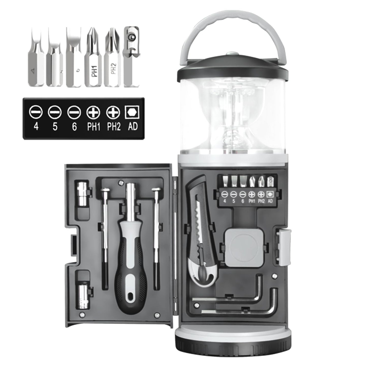LED Camping Lantern with 15PCS Car Tool Kit, Survival Gear Hiking, Portable Emergency Set Kit with Screwdriver Set Kit Tool, Fishing Gear for Outdoors, Men/Dad Birthday Gift(AA Batteries Not Included)