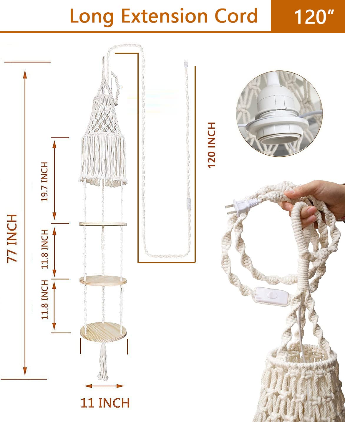 YKBU Macrame Plant Hanger Shelf Hanging Rope Shelf Indoor with Boho Lamp Shade 3 Tier Floating Round Shelves Decorative Shelf Flower Pot Holder Planter Display Rack Boho Home Decor-1 Set